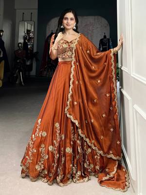 Trendmalls Rust Orange Art Silk Embroidery Sequence work Lehenga Choli with Dupatta For Women 1