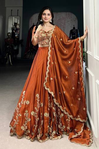 Rust Orange Art Silk Embroidery Sequence work Lehenga Choli with Dupatta For Women
