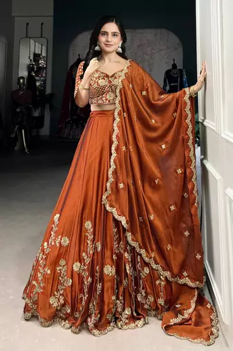Rust Orange Art Silk Embroidery Sequence work Lehenga Choli with Dupatta For Women