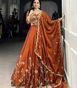 Trendmalls Rust Orange Art Silk Embroidery Sequence work Lehenga Choli with Dupatta For Women