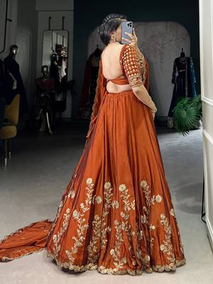 Trendmalls Rust Orange Art Silk Embroidery Sequence work Lehenga Choli with Dupatta For Women 2