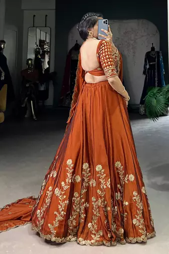 Trendmalls Rust Orange Art Silk Embroidery Sequence work Lehenga Choli with Dupatta For Women