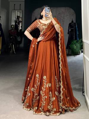 Trendmalls Rust Orange Art Silk Embroidery Sequence work Lehenga Choli with Dupatta For Women 3