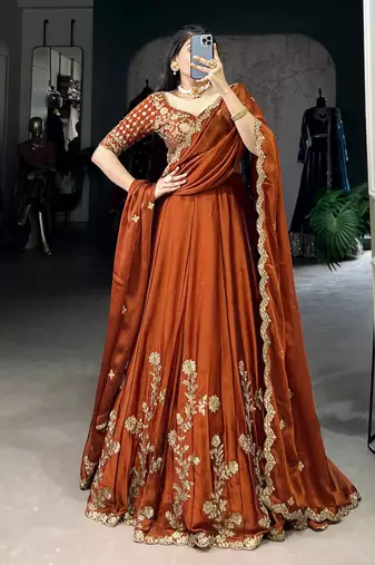 Trendmalls Rust Orange Art Silk Embroidery Sequence work Lehenga Choli with Dupatta For Women