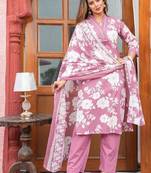 Beautiful jaipuri lavender pink and white floral printed cotton kurta set with a matching dupatta and straight pants.