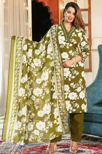 Beautiful jaipuri green and white floral printed cotton kurta set with a matching dupatta and straight pants.