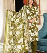 Beautiful jaipuri green and white floral printed cotton kurta set with a matching dupatta and straight pants.