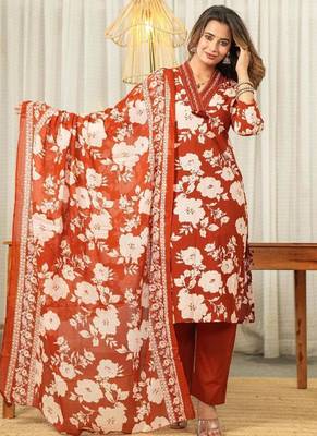 Beautiful jaipuri rust orange and white floral printed cotton kurta set with a matching dupatta and straight pants 1