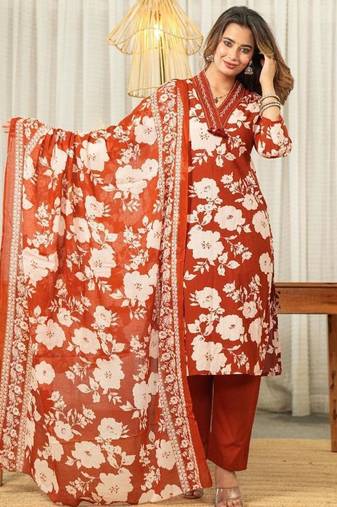 Beautiful jaipuri rust orange and white floral printed cotton kurta set with a matching dupatta and straight pants.