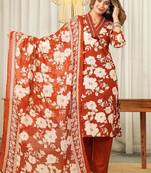 Beautiful jaipuri rust orange and white floral printed cotton kurta set with a matching dupatta and straight pants.