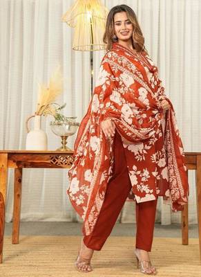 Beautiful jaipuri rust orange and white floral printed cotton kurta set with a matching dupatta and straight pants 2