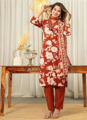 Beautiful jaipuri rust orange and white floral printed cotton kurta set with a matching dupatta and straight pants 3