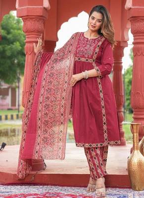 Beautiful jaipuri maroon a-line kurta set with a printed dupatta and pants 1