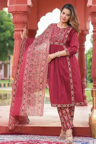 Beautiful jaipuri maroon a-line kurta set with a printed dupatta and pants