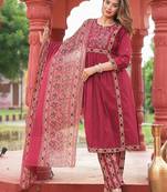 Beautiful jaipuri maroon a-line kurta set with a printed dupatta and pants