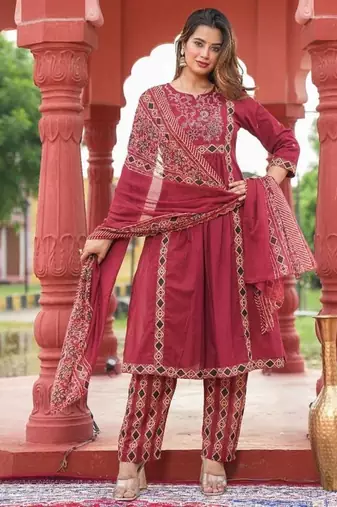 Beautiful jaipuri maroon a-line kurta set with a printed dupatta and pants