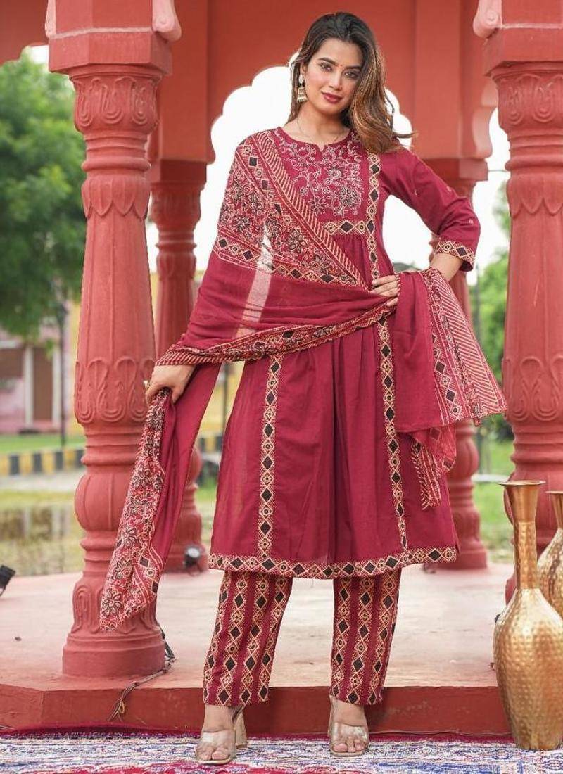 Beautiful jaipuri maroon a-line kurta set with a printed dupatta and pants