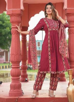 Beautiful jaipuri maroon a-line kurta set with a printed dupatta and pants 3