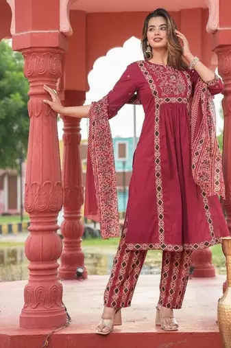 Beautiful jaipuri maroon a-line kurta set with a printed dupatta and pants