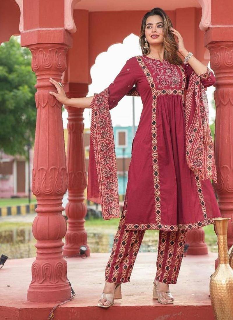 Beautiful jaipuri maroon a-line kurta set with a printed dupatta and pants