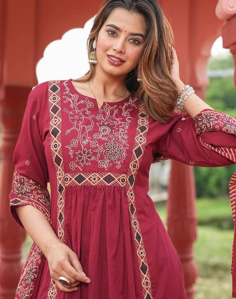 Beautiful jaipuri maroon a-line kurta set with a printed dupatta and pants