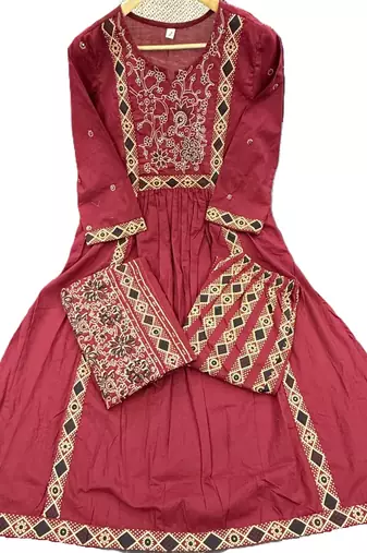 Beautiful jaipuri maroon a-line kurta set with a printed dupatta and pants