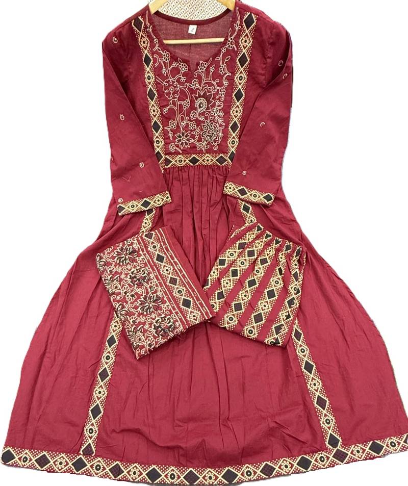 Beautiful jaipuri maroon a-line kurta set with a printed dupatta and pants