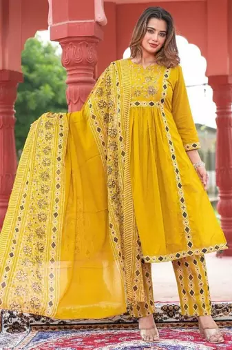 Beautiful jaipuri yellow a-line kurta set with a printed dupatta and pants