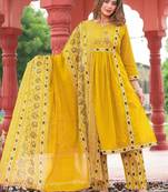 Beautiful jaipuri yellow a-line kurta set with a printed dupatta and pants