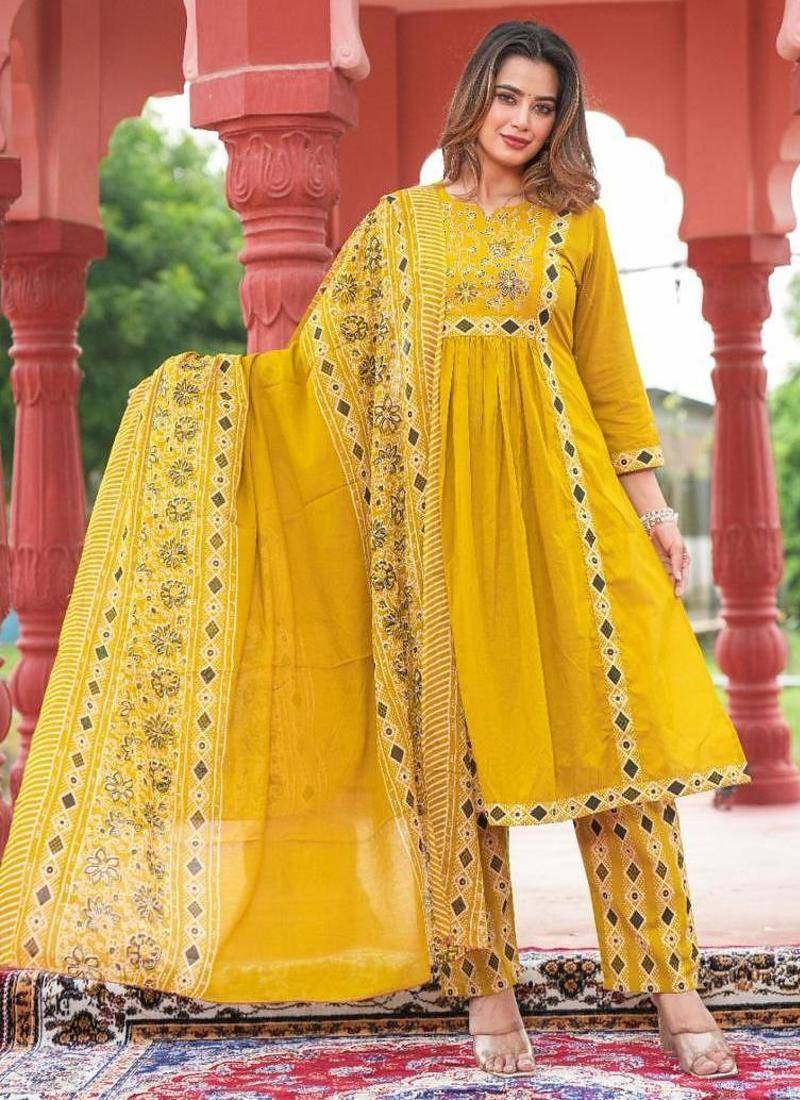Beautiful jaipuri yellow a-line kurta set with a printed dupatta and pants