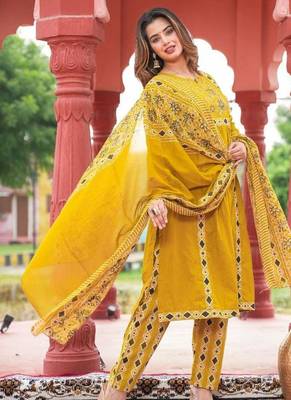 Beautiful jaipuri yellow a-line kurta set with a printed dupatta and pants 2