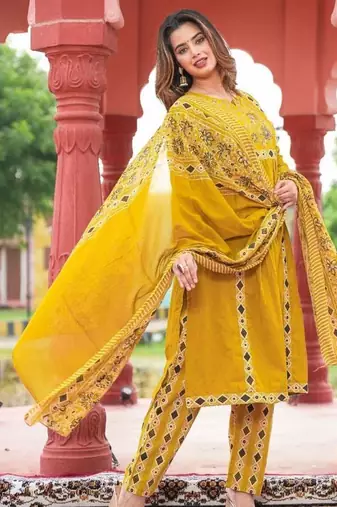 Beautiful jaipuri yellow a-line kurta set with a printed dupatta and pants