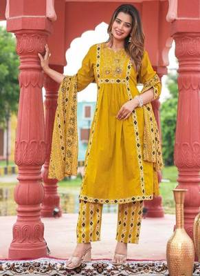 Beautiful jaipuri yellow a-line kurta set with a printed dupatta and pants 3