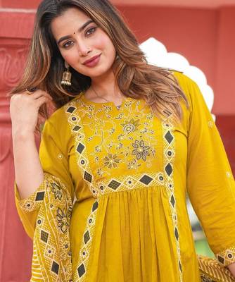 Beautiful jaipuri yellow a-line kurta set with a printed dupatta and pants 4