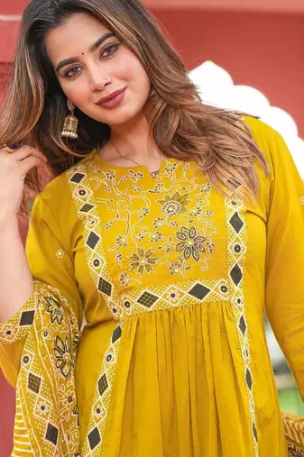 Beautiful jaipuri yellow a-line kurta set with a printed dupatta and pants