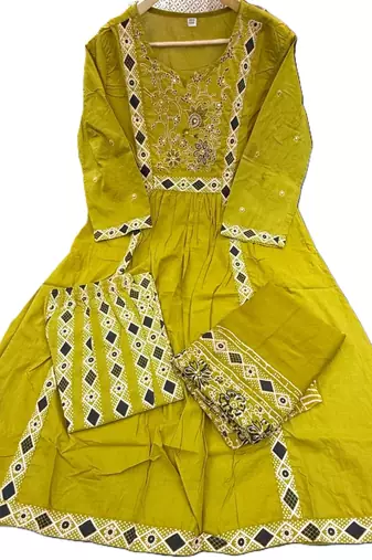 Beautiful jaipuri yellow a-line kurta set with a printed dupatta and pants