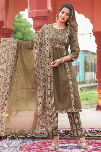 Beautiful jaipuri olive green a-line kurta set with a printed dupatta and pants