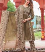 Beautiful jaipuri olive green a-line kurta set with a printed dupatta and pants