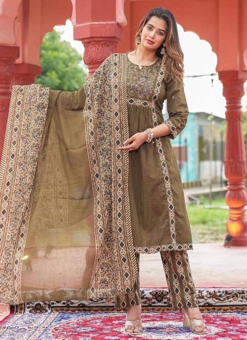 Beautiful jaipuri olive green a-line kurta set with a printed dupatta and pants
