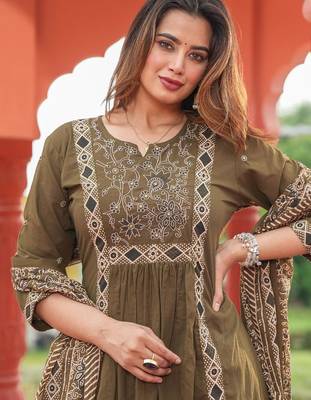 Beautiful jaipuri olive green a-line kurta set with a printed dupatta and pants 2