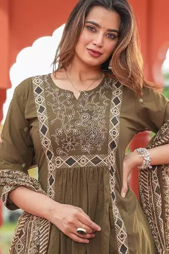 Beautiful jaipuri olive green a-line kurta set with a printed dupatta and pants