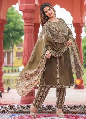 Beautiful jaipuri olive green a-line kurta set with a printed dupatta and pants 3