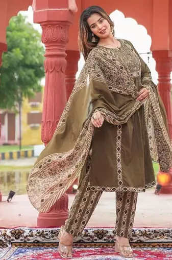 Beautiful jaipuri olive green a-line kurta set with a printed dupatta and pants
