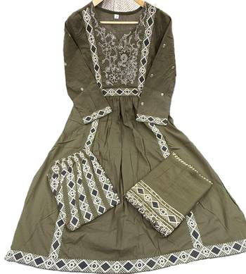Beautiful jaipuri olive green a-line kurta set with a printed dupatta and pants 4