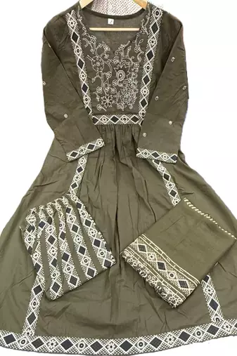 Beautiful jaipuri olive green a-line kurta set with a printed dupatta and pants