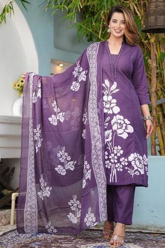 Beautiful jaipuri purple cotton straight-fit kurta set with a white floral print.