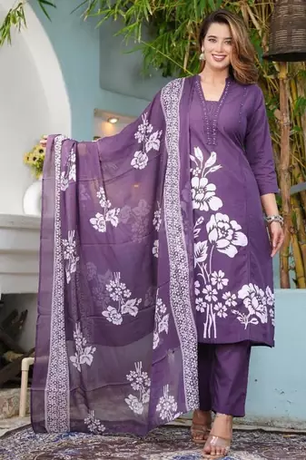 Beautiful jaipuri purple cotton straight-fit kurta set with a white floral print.