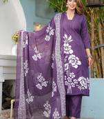 Beautiful jaipuri purple cotton straight-fit kurta set with a white floral print.