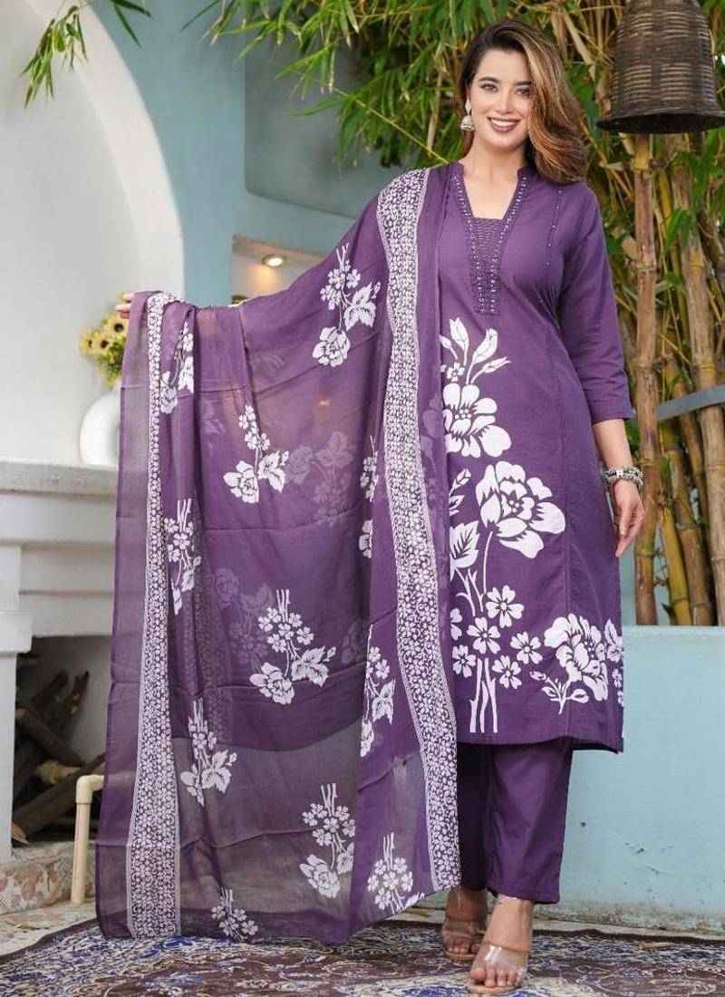 Beautiful jaipuri purple cotton straight-fit kurta set with a white floral print.