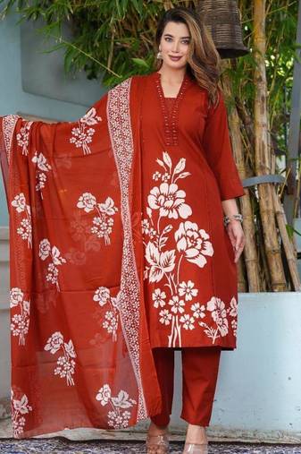 Beautiful jaipuri rust orange cotton straight-fit kurta set with a white floral print.
